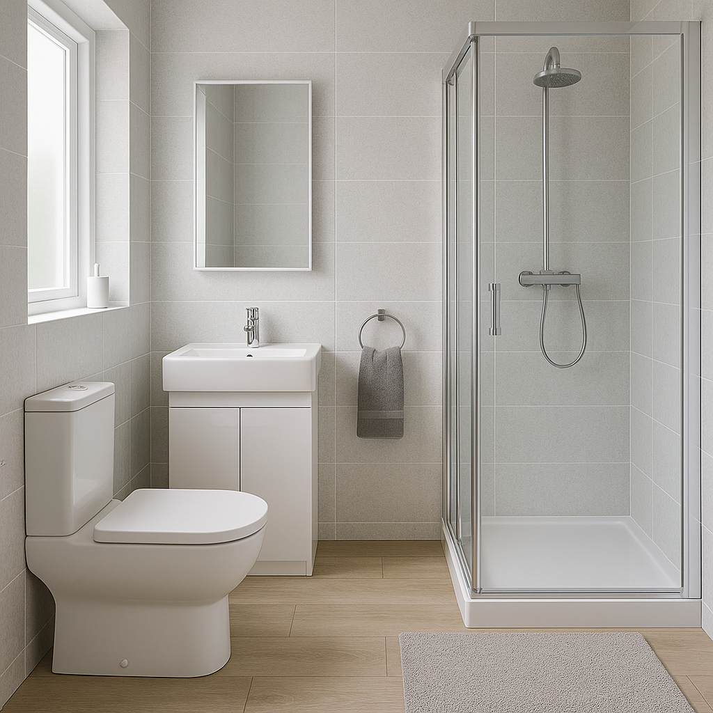 Compact bathroom suite with corner shower enclosure, small vanity unit, and light grey tiles – space-saving bathroom design by IPHS.