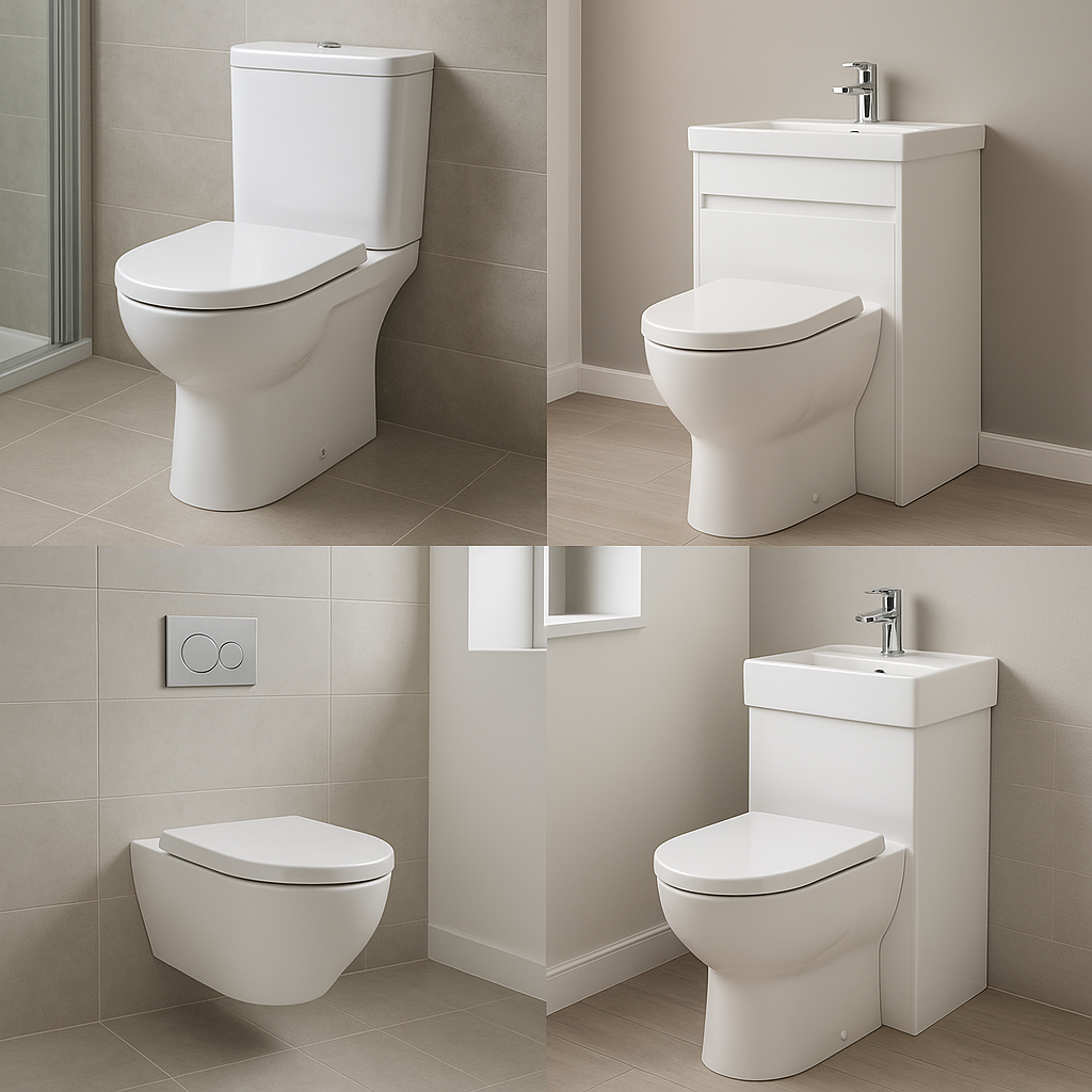 Modern bathroom interiors showing a wall-hung toilet, close-coupled toilet, back-to-wall toilet with vanity unit, and a compact toilet with 