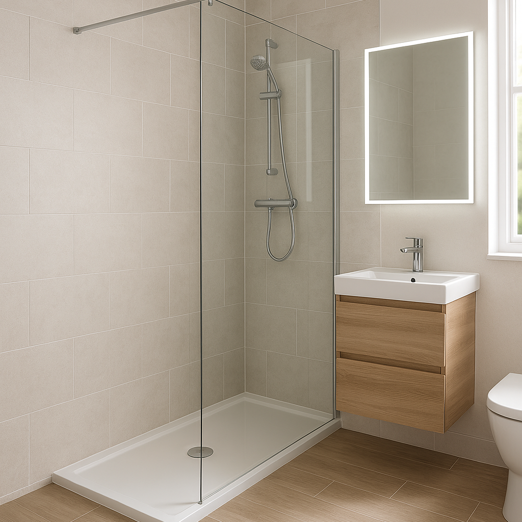 Modern UK bathroom featuring an open walk-in shower with frameless glass screen, rainfall showerhead, and slimline tray in a bright neutral 