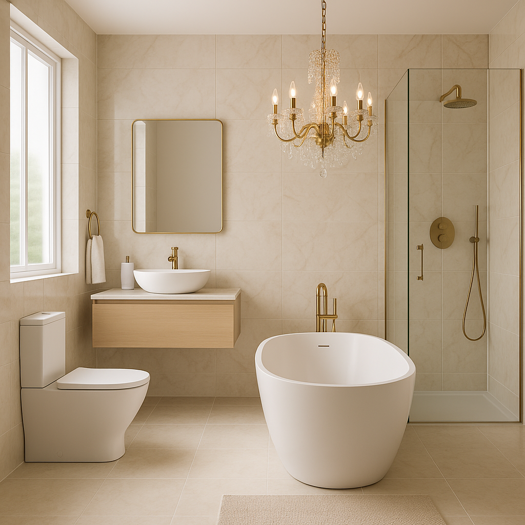 Luxury bathroom suite with freestanding bath, marble-style tiles, and gold fixtures – premium bathroom design by IPHS Ilkeston.