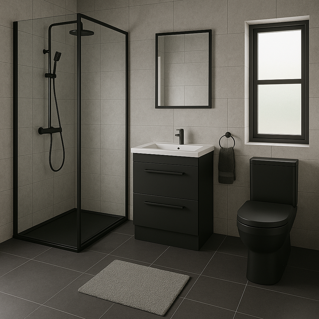 Modern bathroom suite with black vanity units, walk-in wet room shower, and minimalist décor – contemporary bathroom by IPHS.
