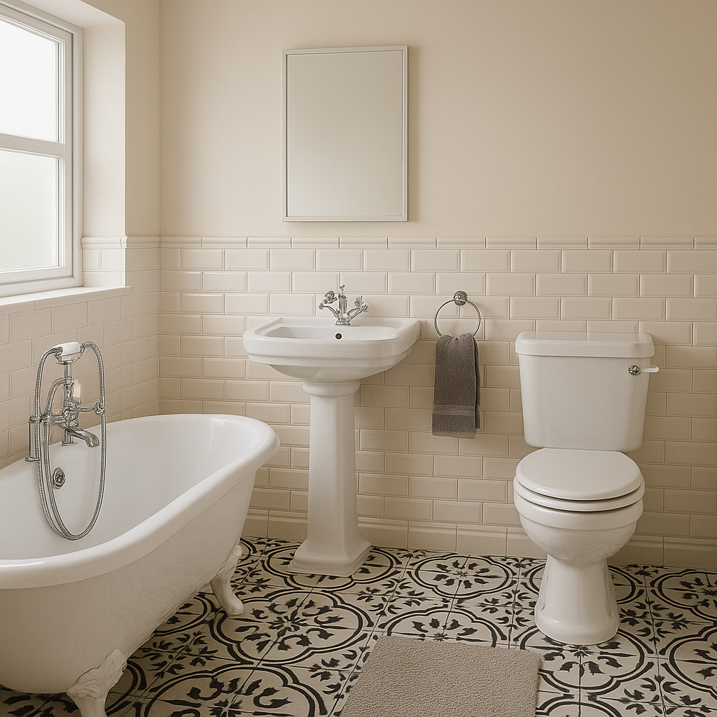 Traditional bathroom suite featuring roll-top bath, pedestal sink, and patterned floor tiles – classic bathroom style available at IPHS.